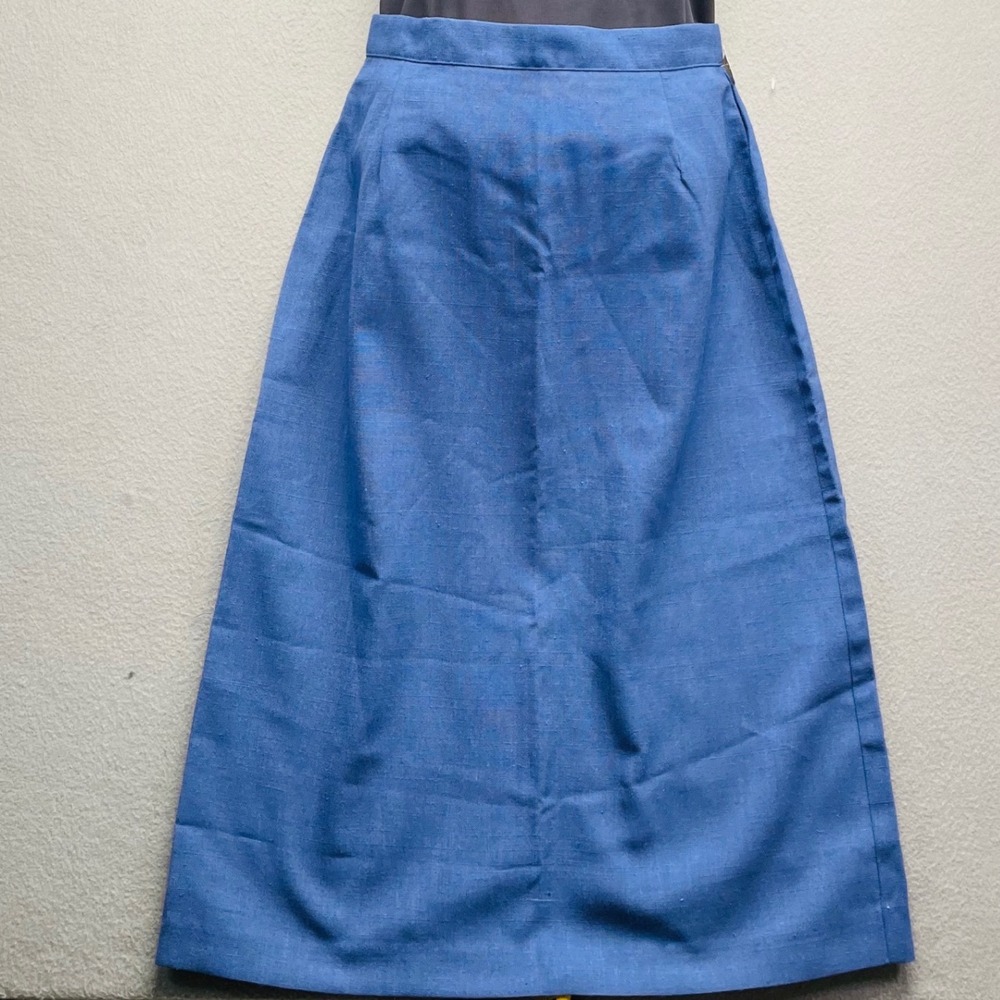 Vintage Women Midi Skirt Blue Linen Look Size 9/10 High Waisted Academic Retro